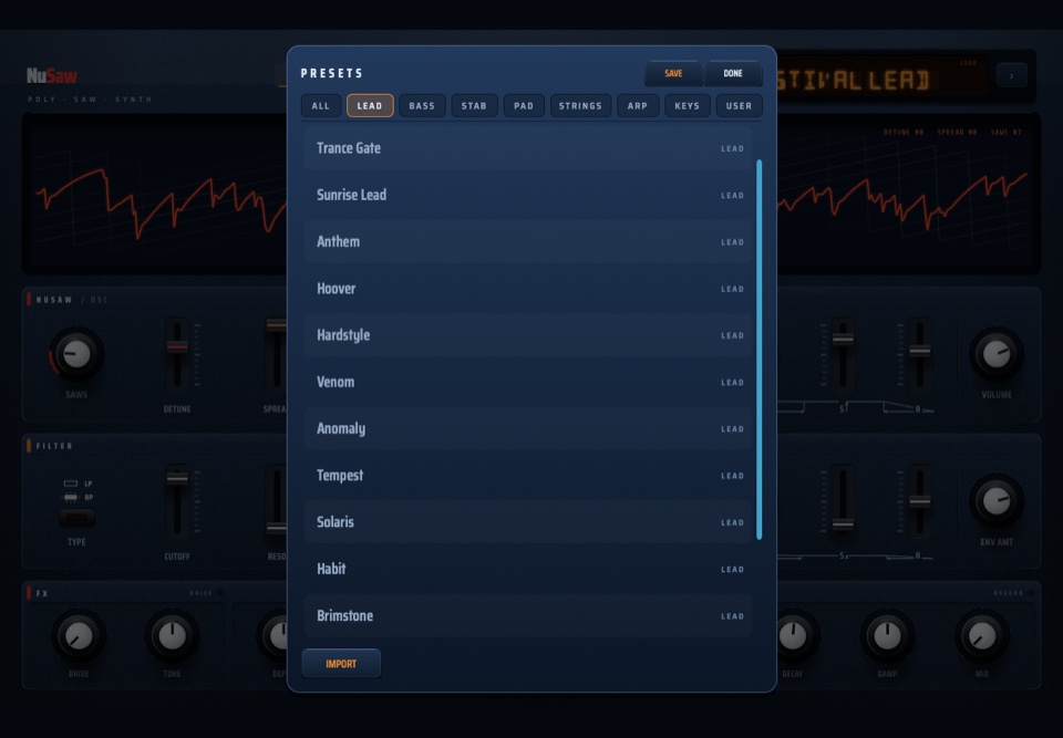 NuSaw's preset browser