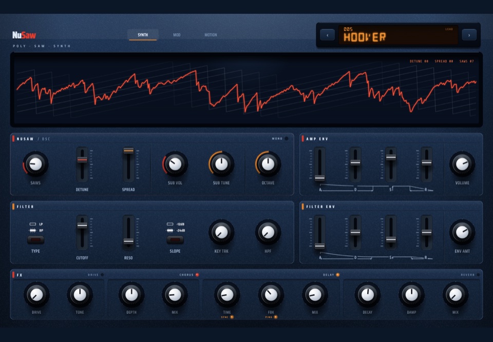 NuSaw's oscillator and filter controls