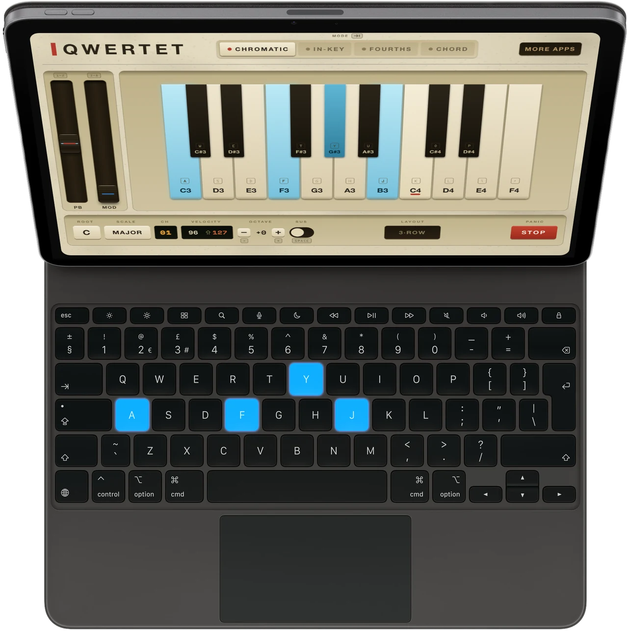 QWERTET running on an iPad with a Magic Keyboard, in Chromatic mode, with lit-up keys