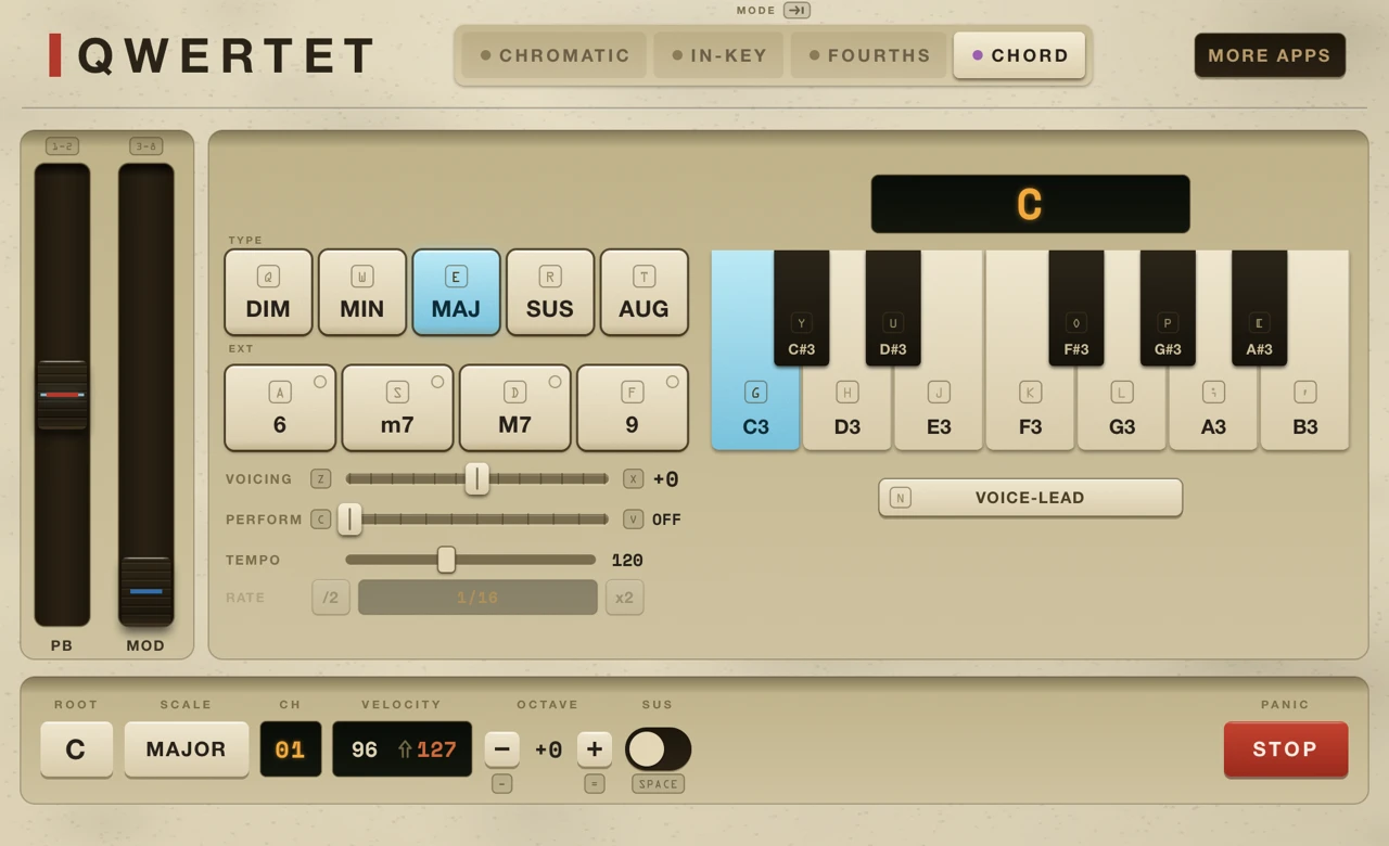 QWERTET in Chord mode, one key per chord with voicing, strum and arp