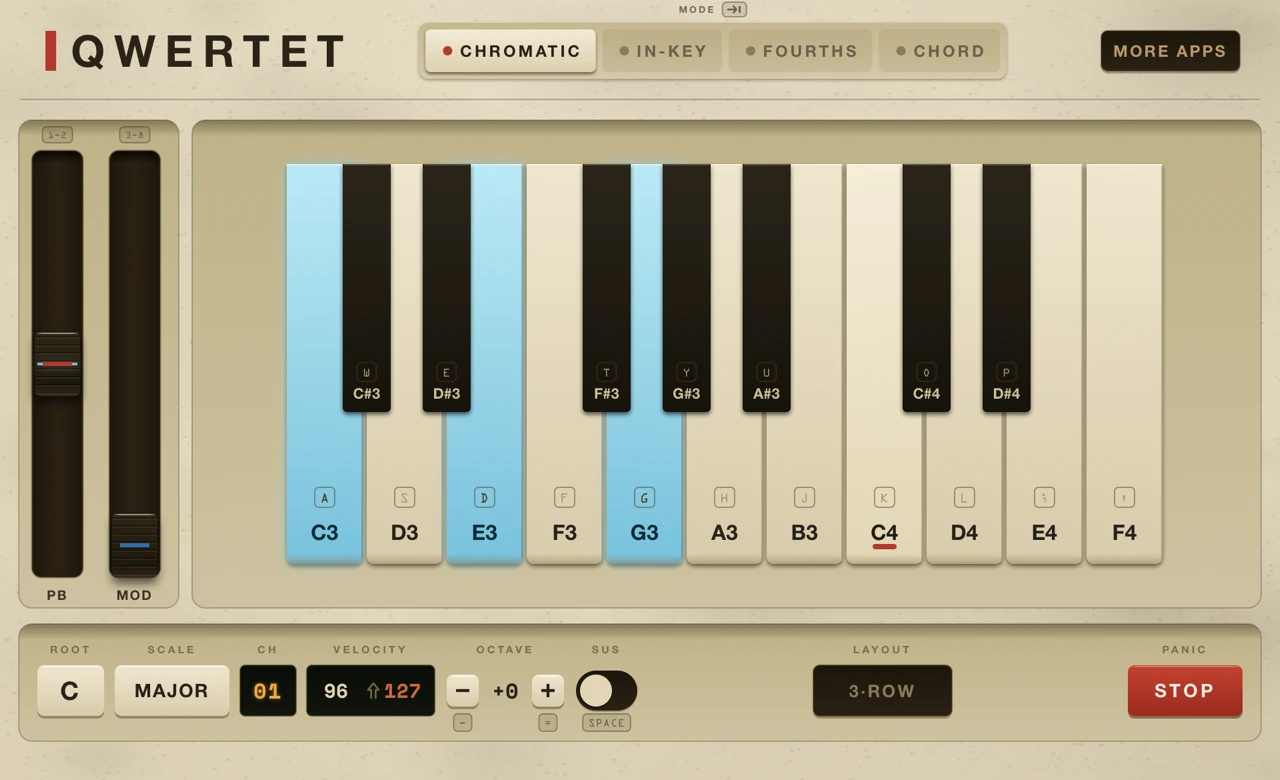 QWERTET in Chromatic mode, a two-row piano