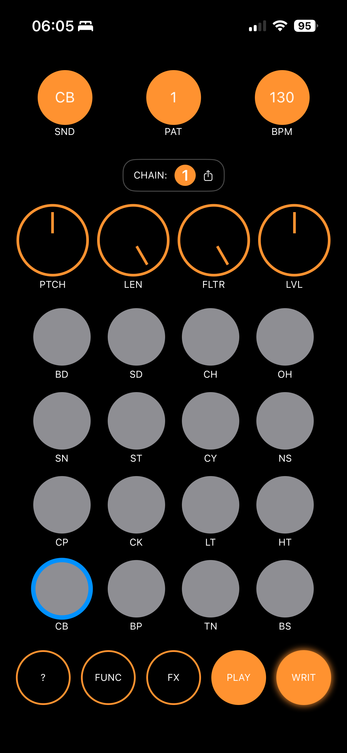 Punchline iPhone interface showing SND, PAT, BPM, knobs, pad grid, and bottom row controls